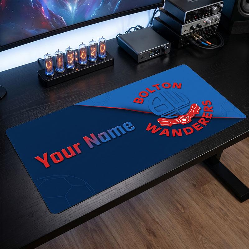 Bolton Wanderers FC Custom Large Mouse Pad, Personalized Name Text Print, Football Logo Non‑Slip Desk Mat Gaming Gift