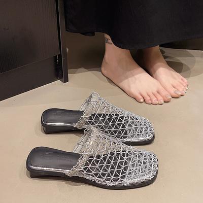 Baotou Halbschuhe Damen Oberbekleidung 2025 Sommer neue Nische Mesh hohle Hausschuhe atmungsaktiv niedriger Absatz Fischernetzschuhe