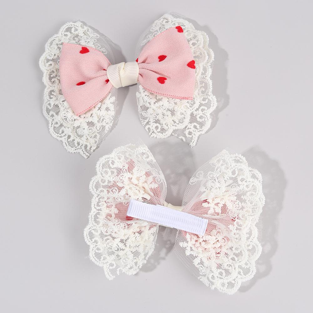 2Pcs Sweet Heart Print Hair Clips Flower Lace Hairpins Cute Pink Barrette For Girls Children Fashion Headdress Hair Accessories