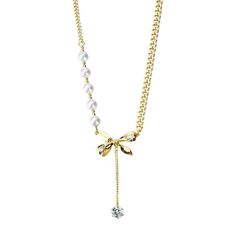 Elegant Pearl Bowknot Necklace For Women Featuring Trendy Tassel Design In Gold And Silver