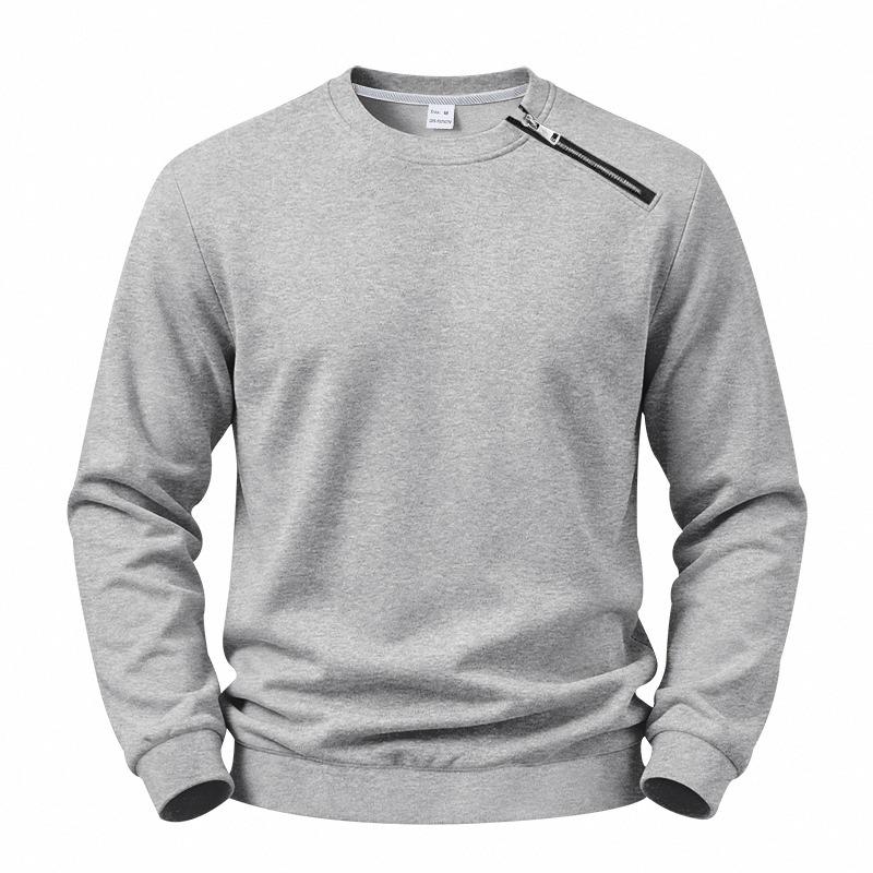 Men's Fleece Lined Solid Color Crew Neck Sweatshirt Diagonal Zip Pullover.