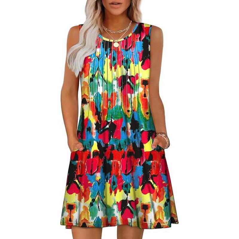 Dámské strečové bezrukávové šaty s potiskem a kapsou s kulatým výstřihem