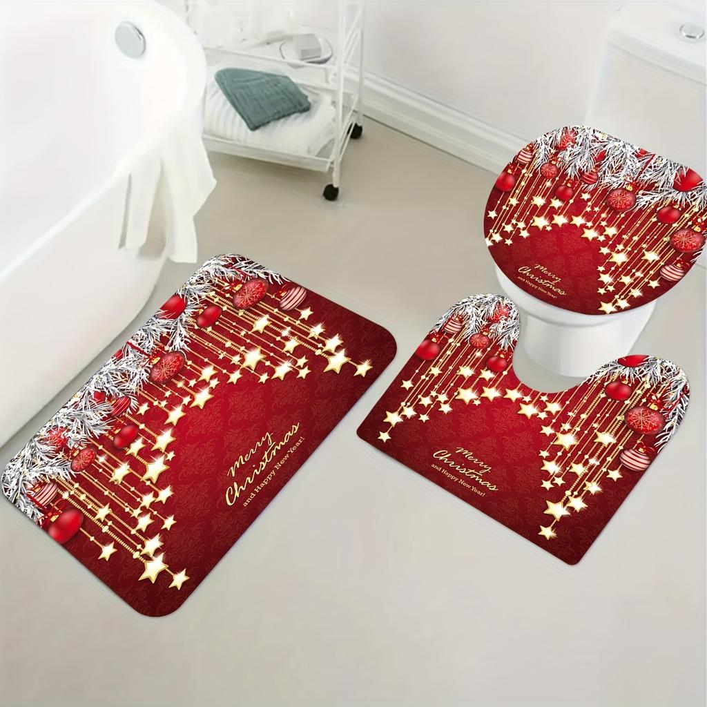4-teiliges Duschvorhang-Set mit rotem Hintergrund und Weihnachtsstil für Badezimmer, rutschfeste Badezimmerteppiche, Deckel, Toilettendeckel, Badematte, Badezimmer-Set