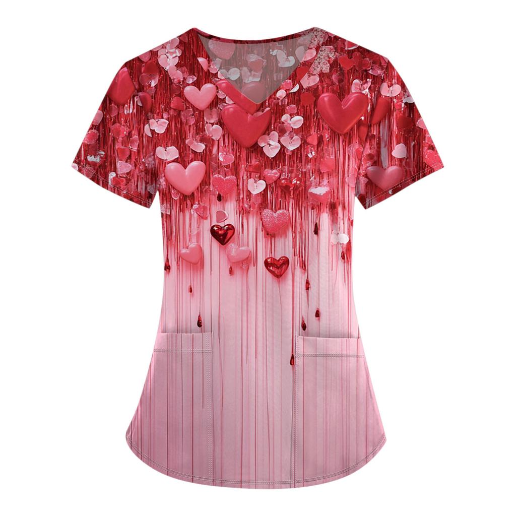 Women's Fashion V-Neck Short Sleeve Overalls With Pocket Valentine's Day Printed Tops  Clothes