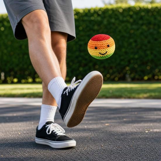 Handmade Crochet Footbag, Rainbow Gradient Smiling Face Bean Bags for Kids, Soft Cotton Yarn Juggling Balls for Outdoor Play