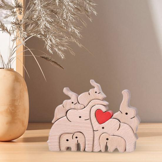 Wooden Elephant Family Puzzle Ornament Love Heart Mother Father Baby