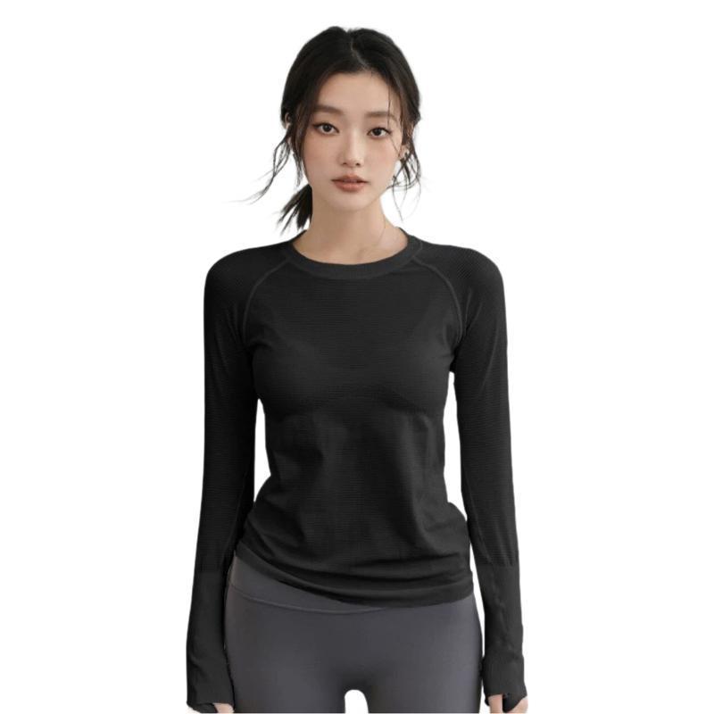 Women's Seamless Long-Sleeve Sports Top for Running & Yoga - Quick-Dry Elastic Knit Crew Neck