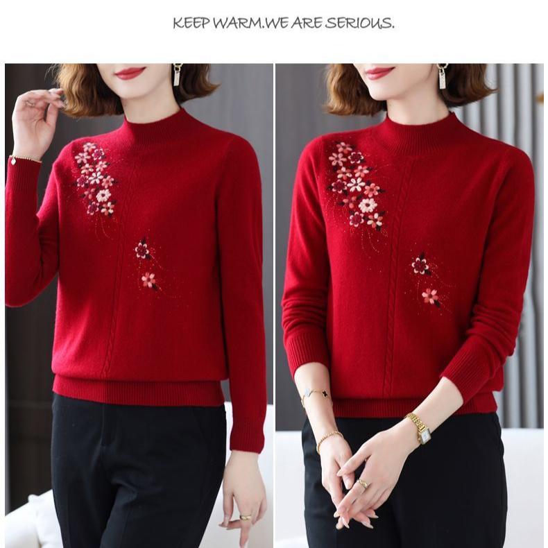 Women's Wool Sweater Round Neck Embroidery Knit Sweater Loose Plus Size Sweater Short Pullover Knitwear Spring Fall Winter