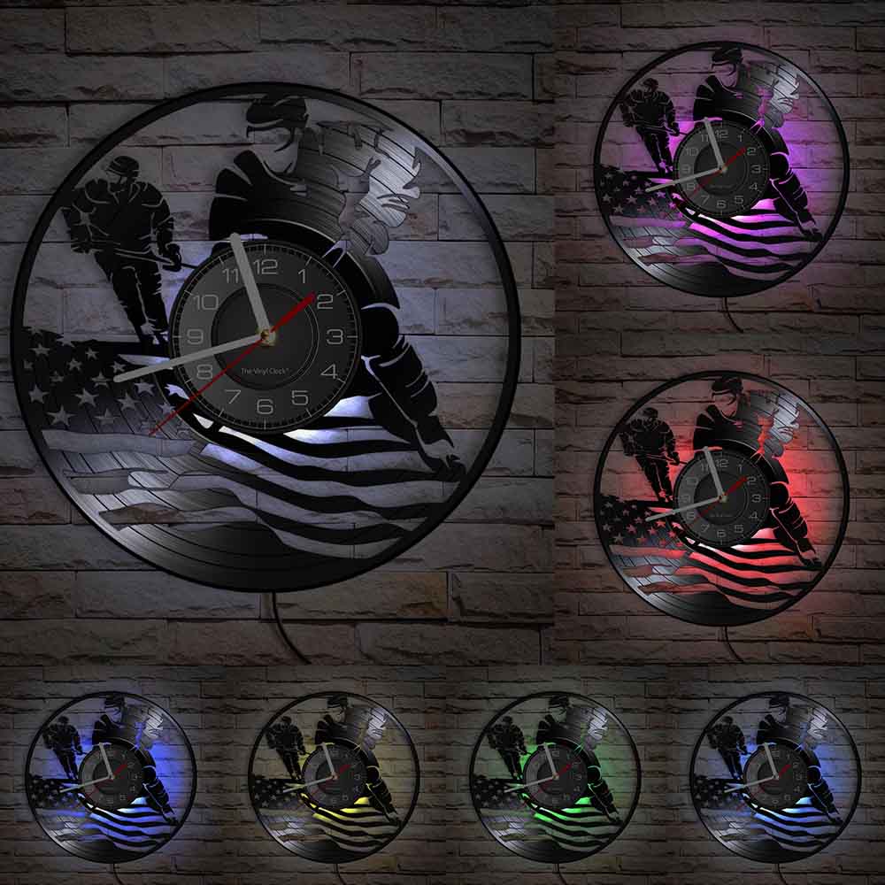Hockey Wall Clock Hockey Player Silhouette Wall Art Home Decor Vinyl Record Wall Clock Vintage Hockey Fans Gift Handmade Artwork