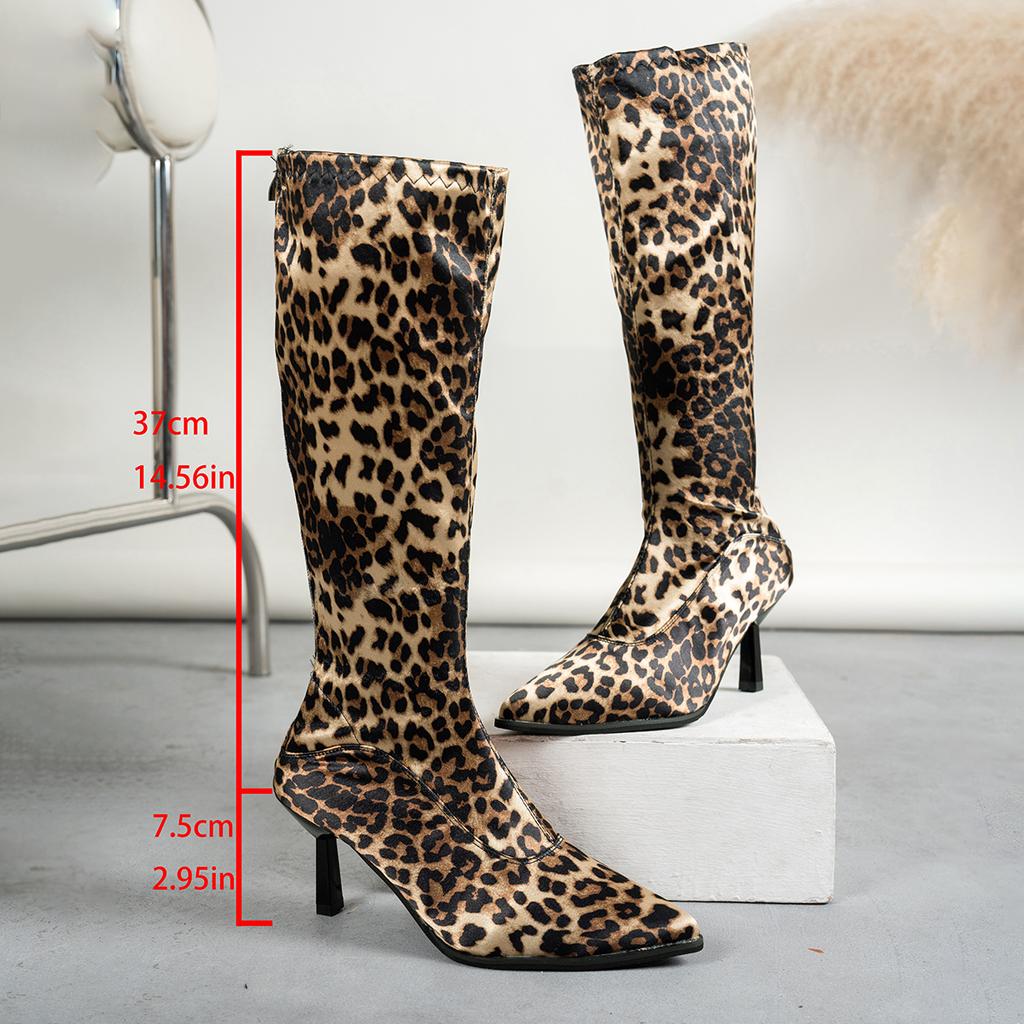 Fashion Sexy Leopard Print High Heels Long Boots for Women Pointed Toe Stiletto Heeled Knee High Boots Woman Autumn Fashion Botas Mujer