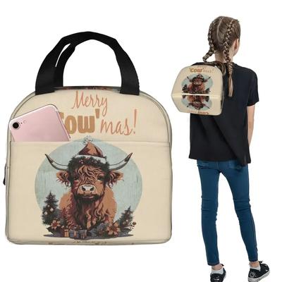 Highland Cow Merry Christmas Insulated Lunch Bag for Women Children Portable Food Boxes Thermal Lunch Box Tote