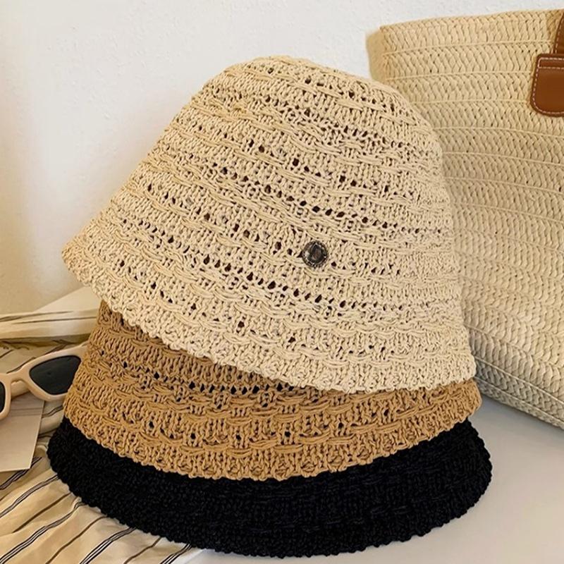Cappello di Paglia Coreano da Spiaggia Estate Donna Visiera Traspirante Chic Cappelli a Secchiello Cappello da Pescatore Tessuto a Mano Ragazza Pesca Cappellini da Sole per Donne