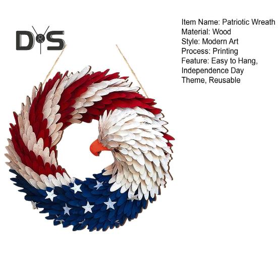 Patriotic Eagle Wreath 4th of July Wooden Decoration Indoor Outdoor Front Door Wall Hanging Independence Day Memorial Day Door Sign Pendant