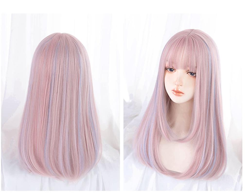 Full Pink X Blue Harajuku Small Face with Net Semi-long Wig, Ladies' Wig, Straight, Natural, Style, Popular, Effect, Cute,