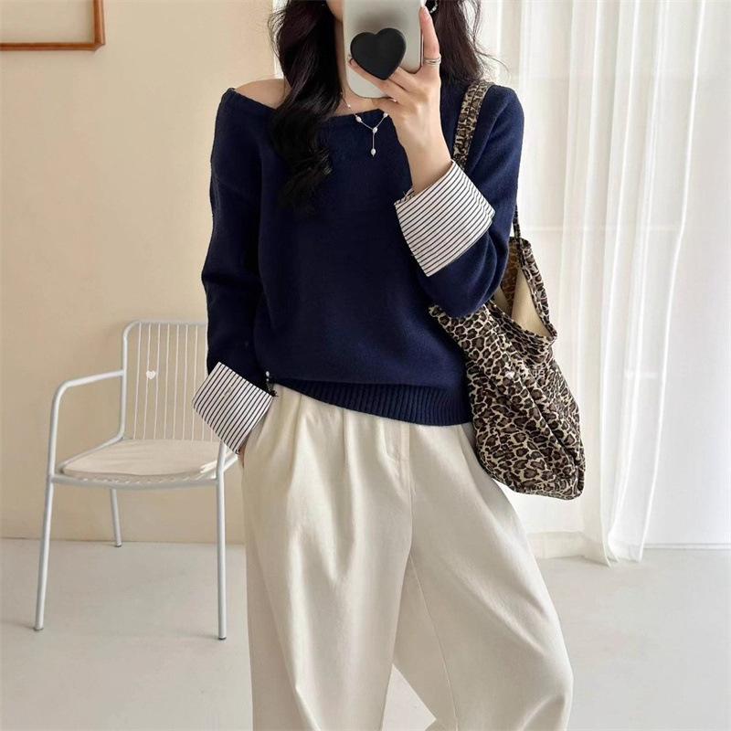 

Осень и зима новый простой повседневный свитер с трикотажными манжетами, женский базовый свободный и тонкий свитер-обманка из двух частей one size fits all тёмно-синий