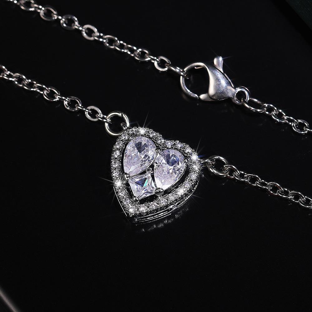 Silver Tone Halo Paved Multi-cut Zircon Heart Pendant Necklace Love Theme Elegant Women Valentine Daily Jewelry