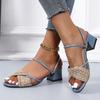 New Square Toe Hollow One-line Over-foot European and American Style Thick-heeled Sandals In Summer