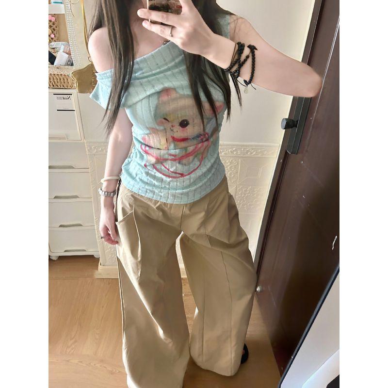 Kumikumi Sweet and Spicy Style Cat Print Sloping Shoulder Short Sleeve T-shirt Women Summer Chic Age-Reducing Niche off-Shoulder Top