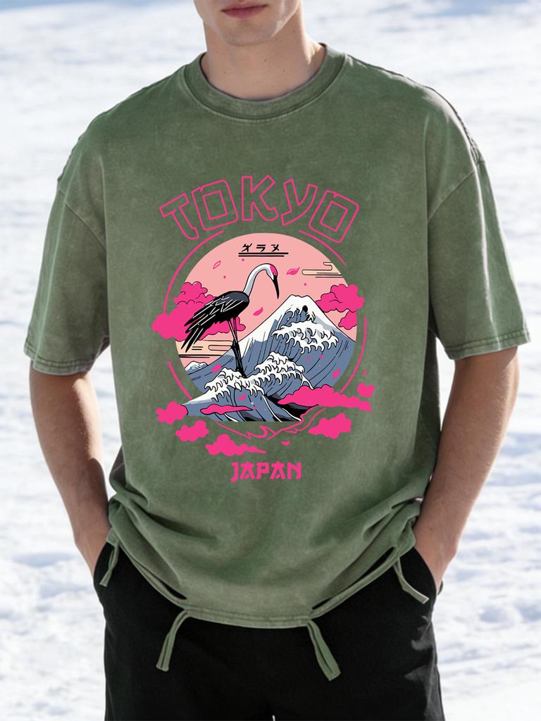 Tokyo Japan Crane Waves Prints Washed TShirts Womens Cotton Oversize T Shirt Summer ONeck Short Sleeve Tops Casual Clothes