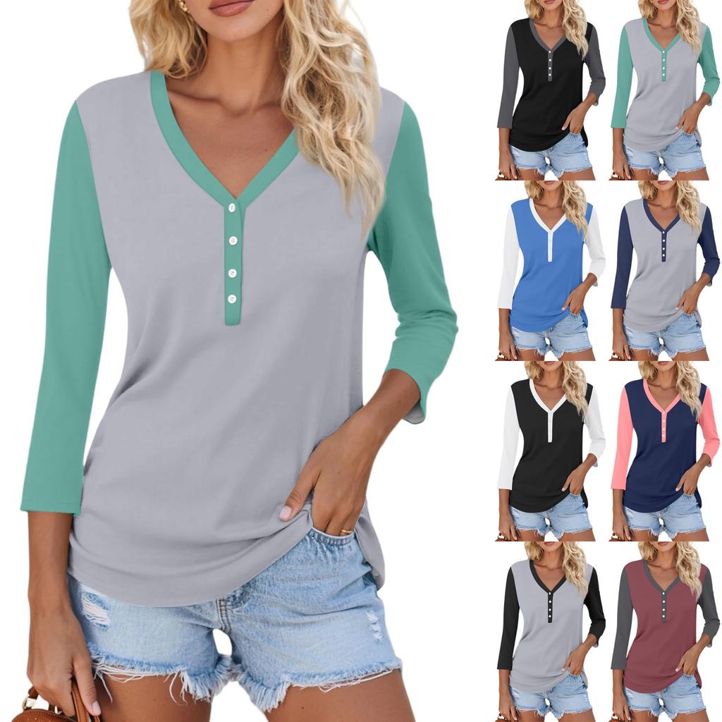 Women's Casual Fashion Sexy Comfortable V-neck Button Stitching Color Three-quarter Sleeve Top