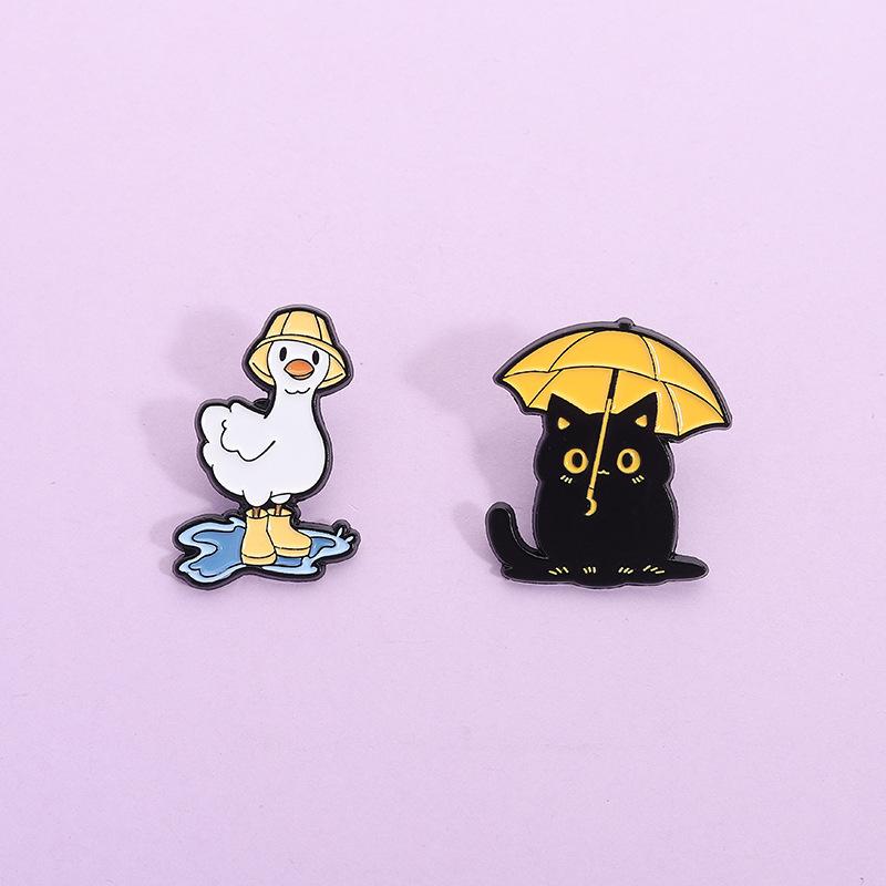 Funny Black Cat With Umbrella Enamel Pins Duck With Rain Boots Metal Brooches Lapel Badge Jewelry Gifts For Friends
