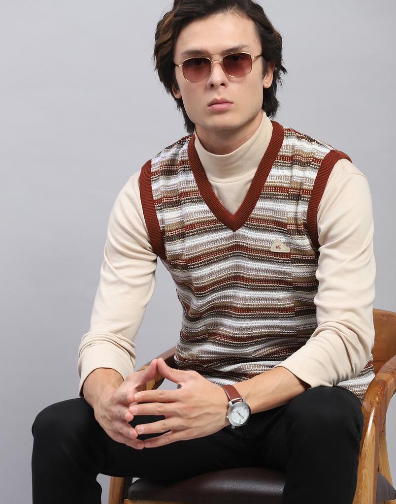 Monte Carlo Mens Brown Self Design V Neck Sleeveless Sweater