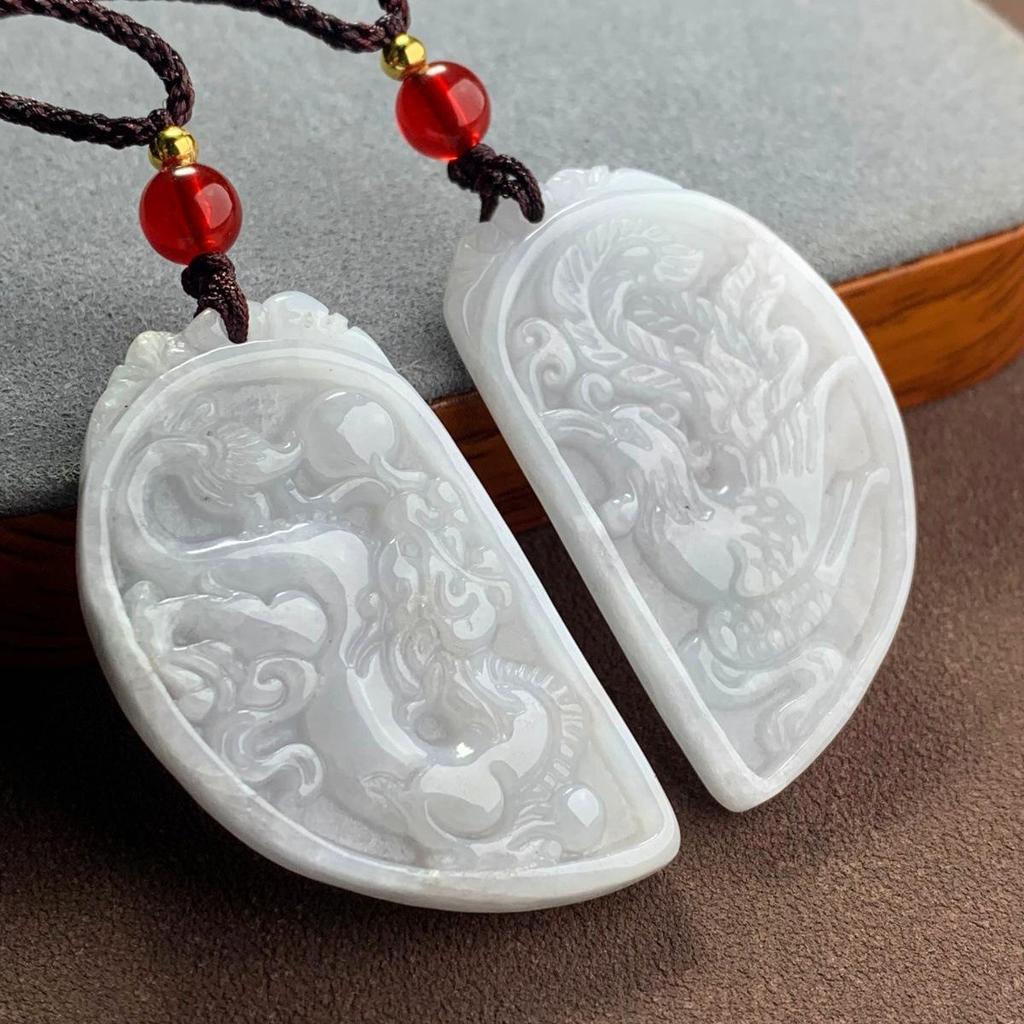 A-Grade Heart-Shaped Dragon & Phoenix Jade Pendant Pair - Ideal for Valentine's, Qixi, Engagement, or Wedding Gift