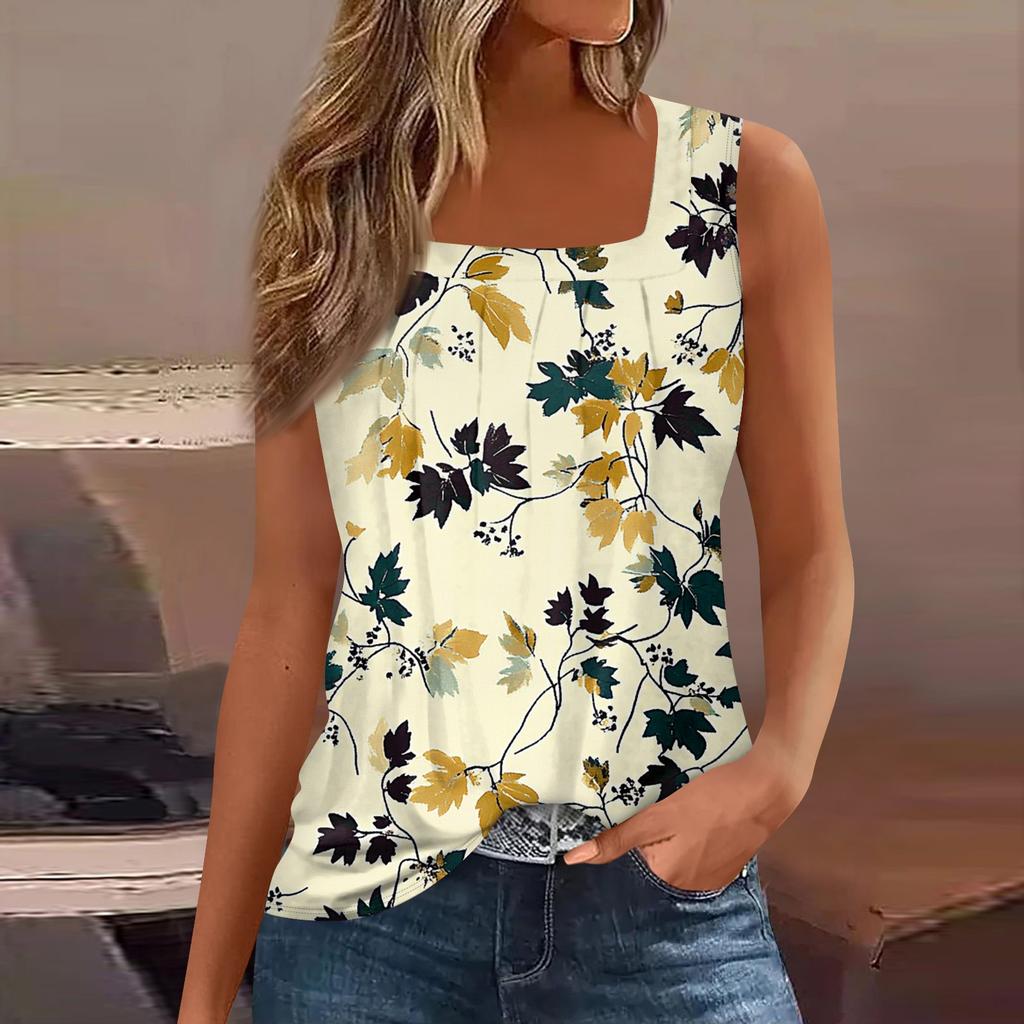 Women's Summer Casual Pleated Square Neck Sleeveless Tank Top Printed T-Shirt