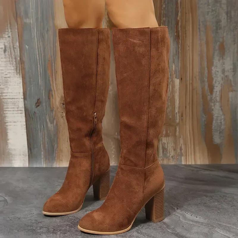 Women Retro High Heels Boots Western Cowboy Chunky Shoes Winter New Warm Plush Leather Knee High Long Suede Boots 2025
