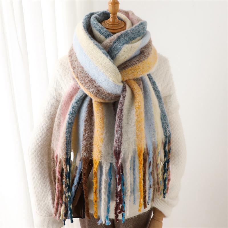 New rainbow striped imitation cashmere scarf, versatile in autumn and winter atmosphere, sweet and cute scarf, thickened and warm