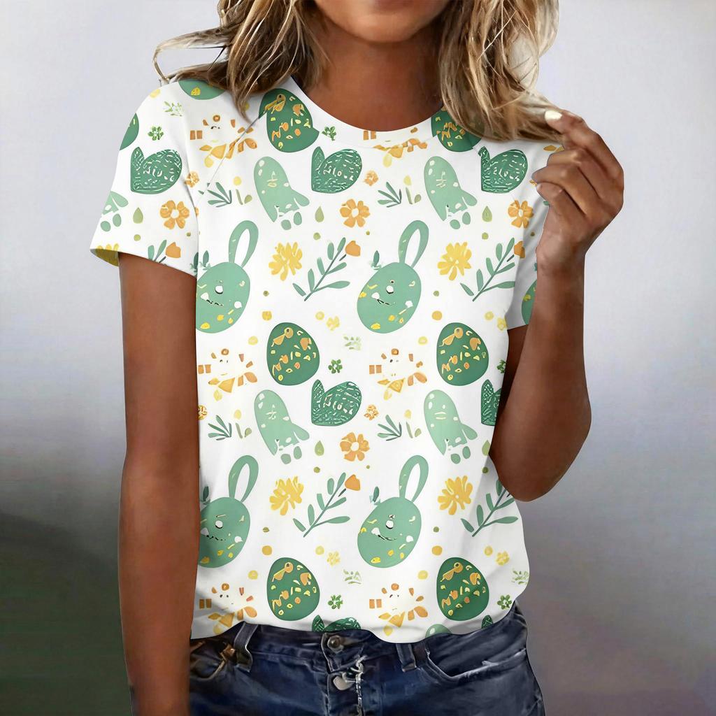 Women's Fashionable Casual Short-Sleeved Raglan Sleeve Easter Print T-Shirt Top