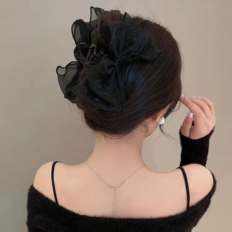 Sweet Mesh Tulle Big Bow Hair Claw Clips for Women Solid Colours Elegant Bowknot Ponytail Clip New Headdress Accessories