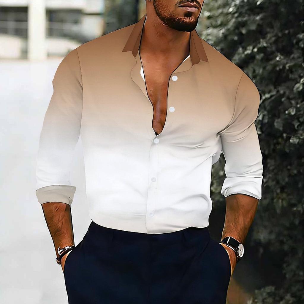 Men Collared Shirt Black White Gradient Solid Tone Long Sleeve Button Down Top