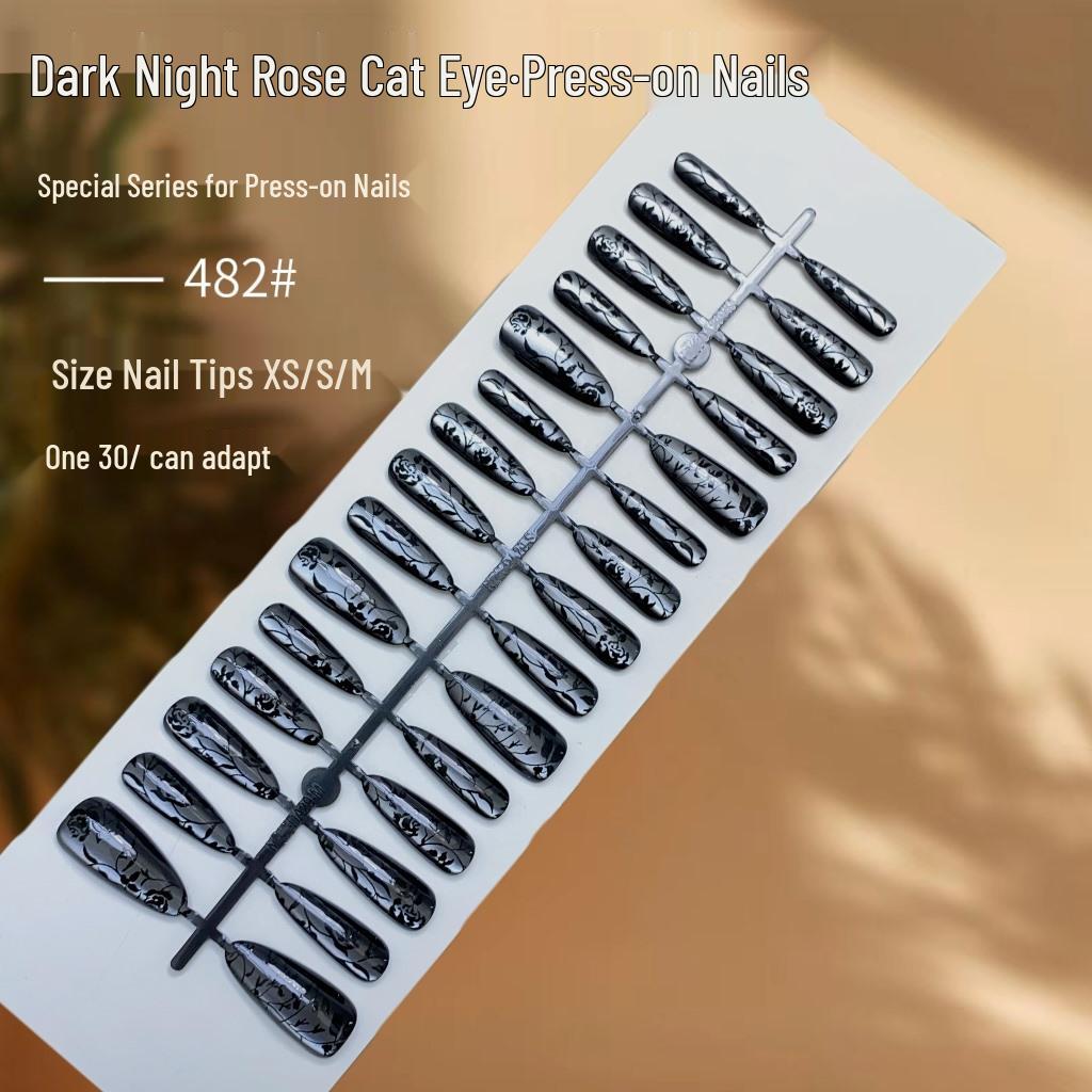 

Xiaohongshu Rose Cat Eye Press-On Nails - Dark Night High-End Finish