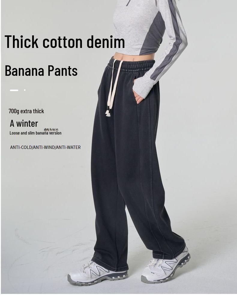Extra Thick Black Wide-Leg Denim Women's Pants, Winter Retro Style with Plus Velvet Lining, 800g