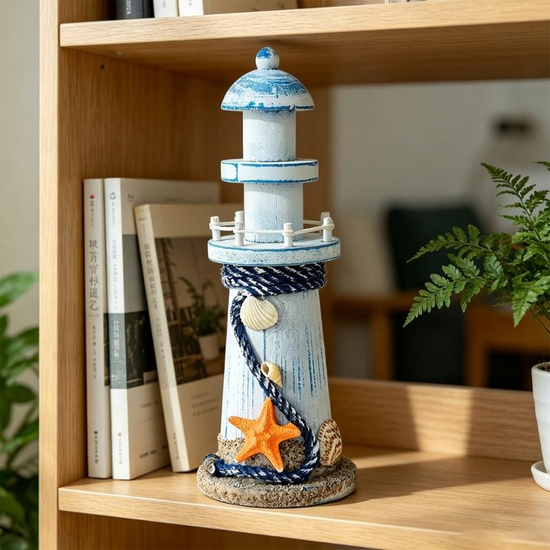 Wooden Lighthouse Decors Nauticals Theme Decors Lighthouse with Starfishs Fish Net Decors Decorative Ornament for Home Decors