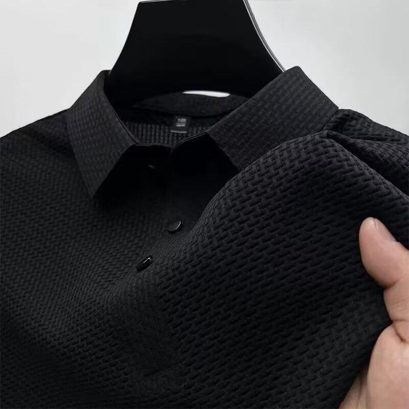High End Mesh Ice Silk Short Sleeved T-shirt for Men's Shirt Collar, Summer Solid Color New Sliding Polo Shirt, Half Sleeved Men's Clothing
