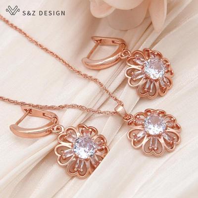 Conjunto de joyas con pendientes colgantes de flores de circonita cúbica redonda de color oro rosa a la moda para mujer, collar con colgante