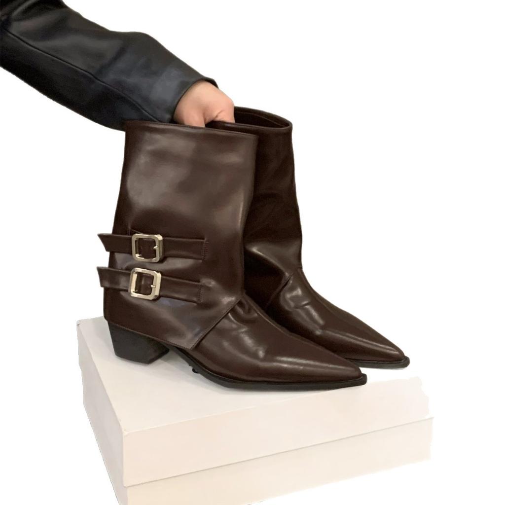 Pointed high heel brown small short boots women's shoes spring and autumn single boots retro belt buckle medium tube pants tube boots