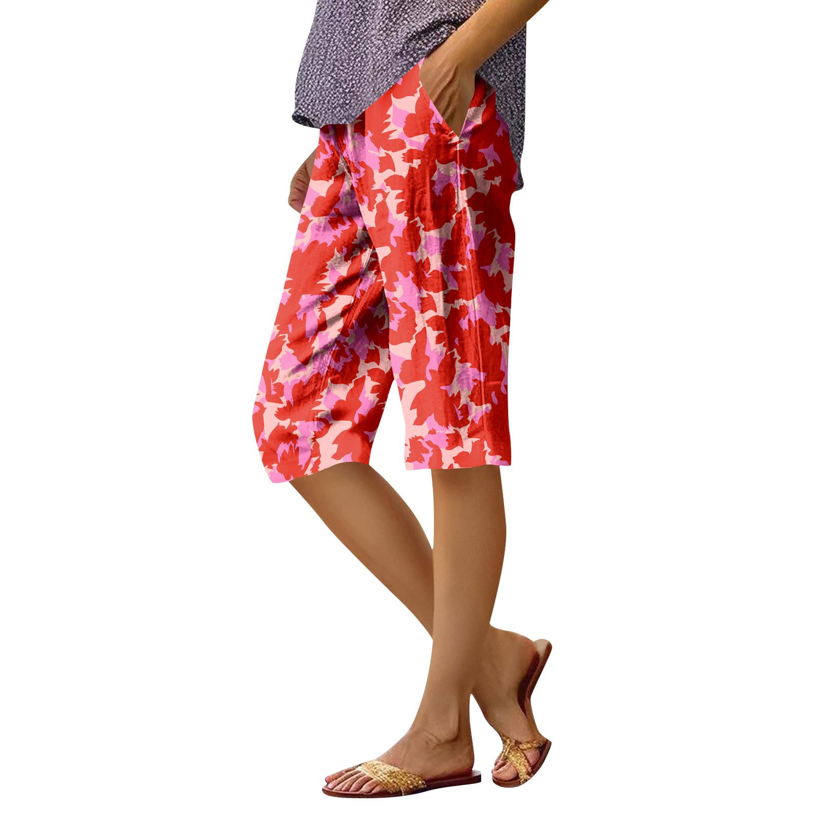 

Женские модные повседневные брюки 5/10 с напечатанным карманом и эластичной талией XL арбуз красный