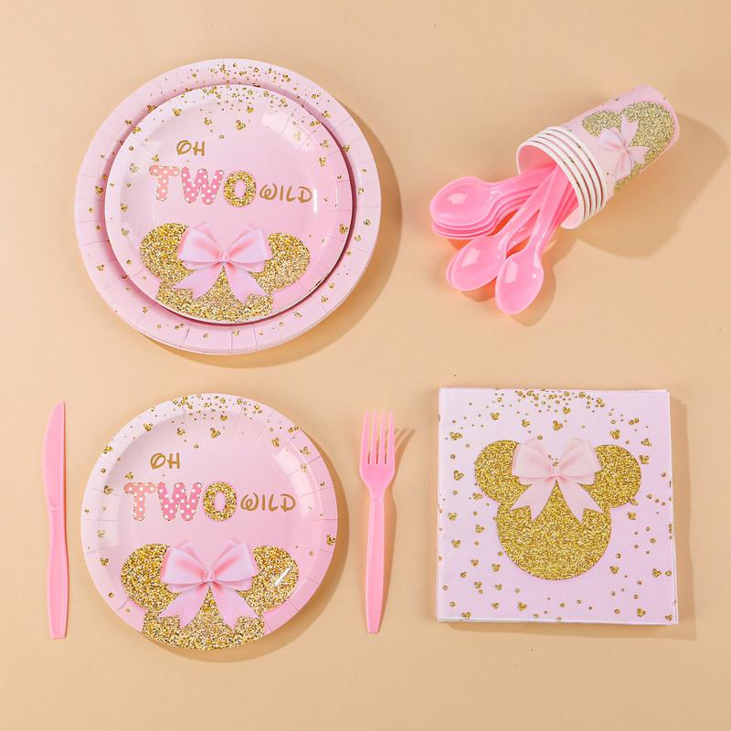 Birth Date Celebration Supplies Collection Minnie Mouse Style Pink Gold Glitter Disposable Utensils Children Birth Date Tableware Decor Favors