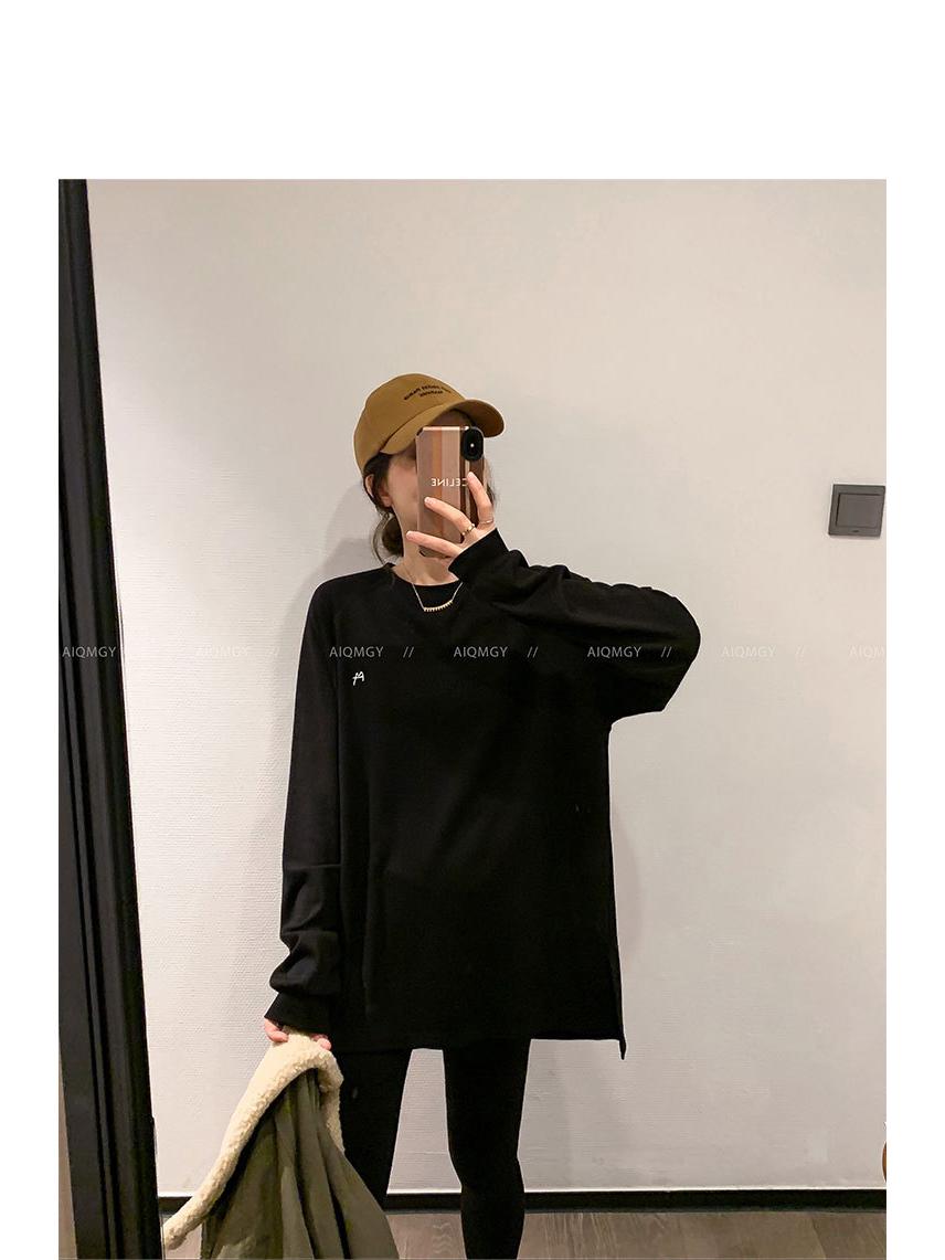 

Women s White Embroidered Lazy Style Round-Neck T-shirt, Autumn/Winter 2025, Plus Velvet Slit Base Layer One Size чёрный