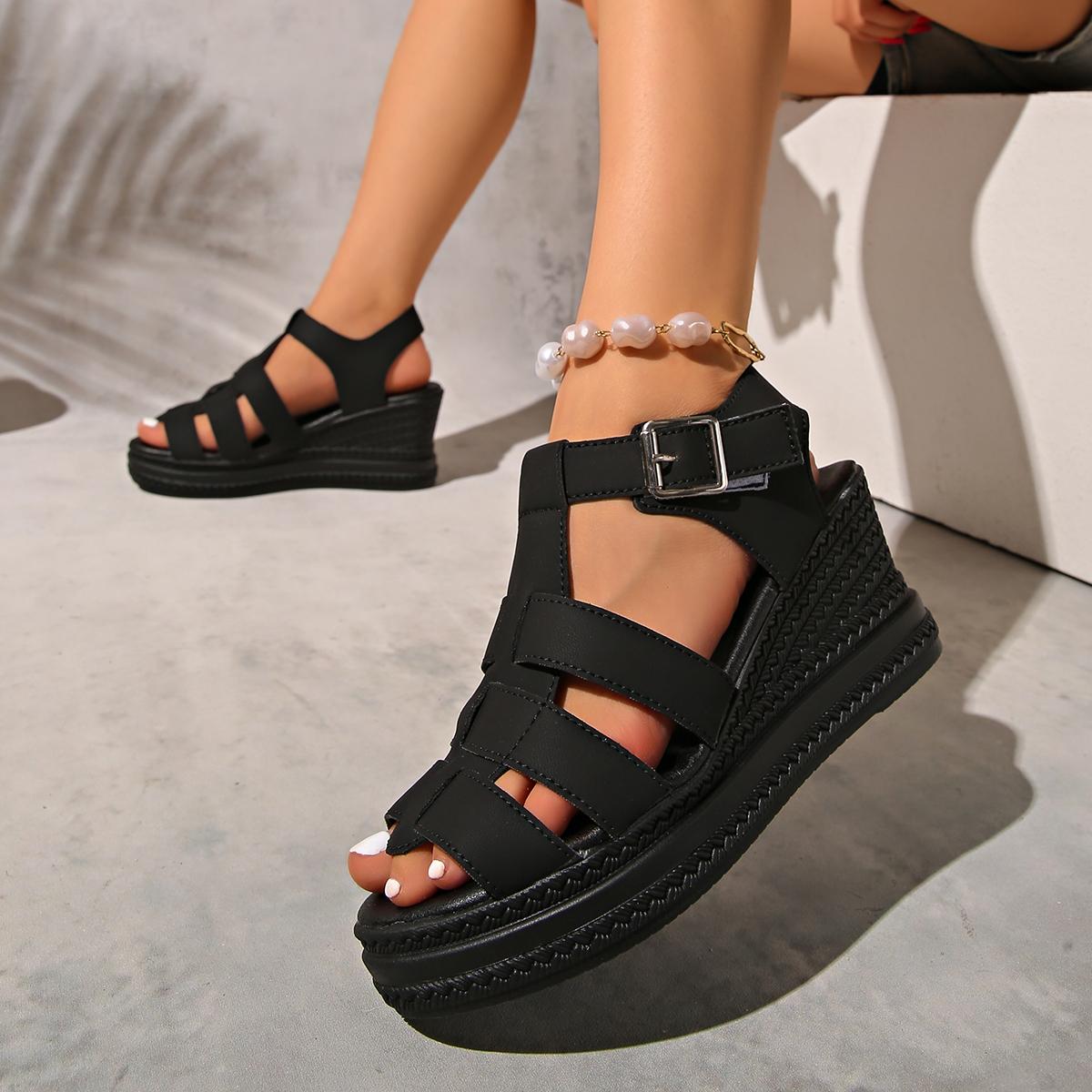 

Fashion Women’s Suede Wedge Sandals Shoes Sheepsuede Thick Platform Cover Heel Lady Summer Hemp Espadrilles Sandals T-Strap Holow Shoes 35 чёрный