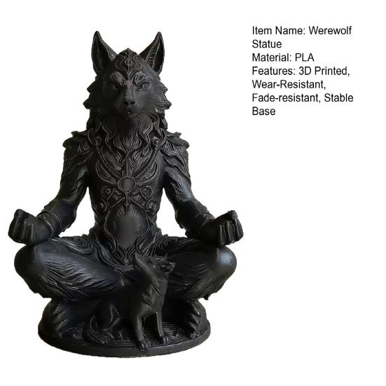 Yousheng 3D Printed Gothic Werewolf Meditation Statue, Zen Beast Warrior Sculpture with Round Base, Matte Black Fantasy Desk Decor, Unique Gift for