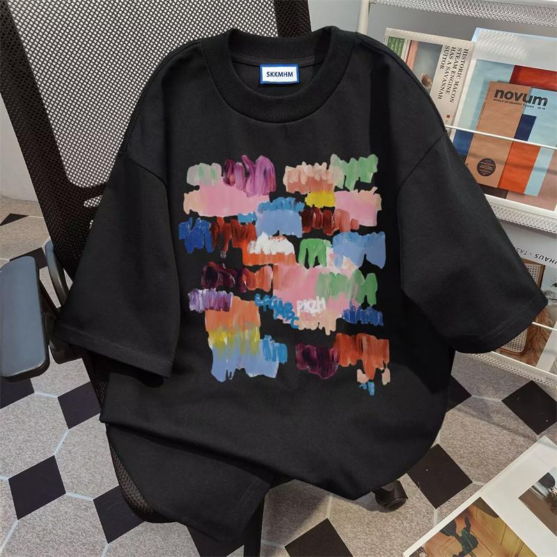 Pure Cotton Harbor Wind Color Graffiti Print Short Sleeve TShirt Couple Casual Summer Ins Loose Top Unisex And Unisex