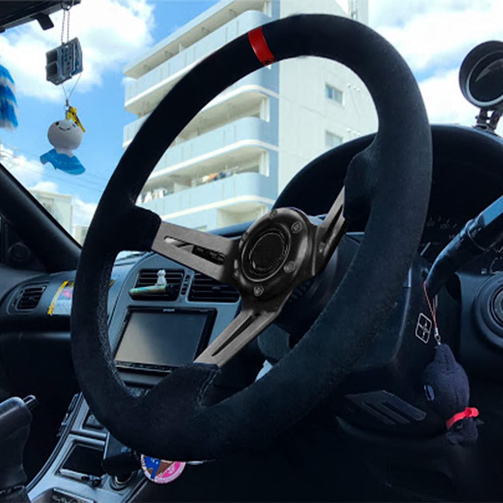 VEHSUN 35mm Głęboka Kierownica Kubełkowa z Czarnymi Lekkimi Sportowymi Szprychami z Lychee i Przyciskiem Klaksonu, Aluminium, Styl, Wzór, (Czerwony, Zamszowy-Czerwony)