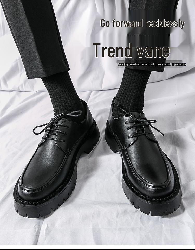 2025 Men's Chunky Glossy Leather Lace-up Casual Shoes with Thick Sole & Square Heel