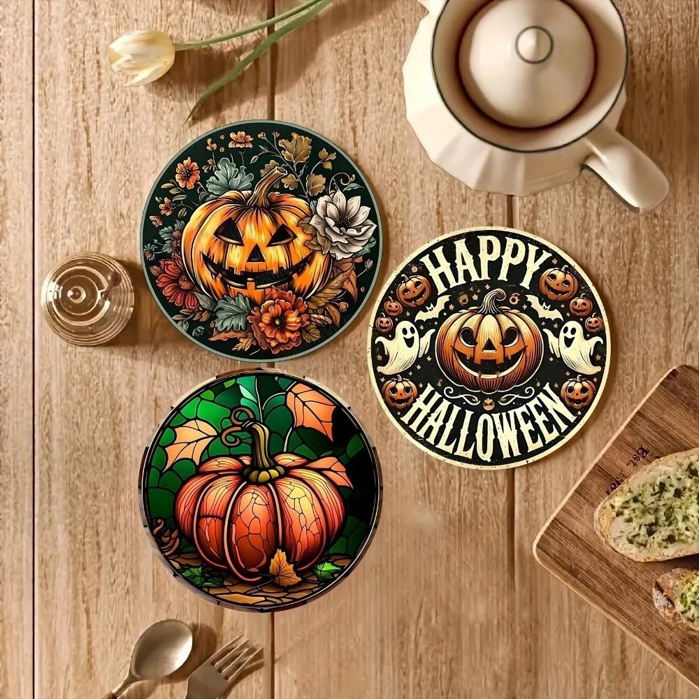 6pcs Wooden Halloween Coasters Pumpkin Heat Insulation Pad DIY Halloween Cup Mats Halloween Party