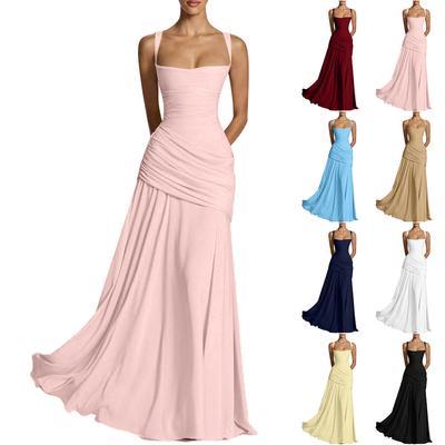 Women's Sleeveless Ruched Waist Backless Evening Dress with Low Neckline and Fitted Bodice Floor Length Gown