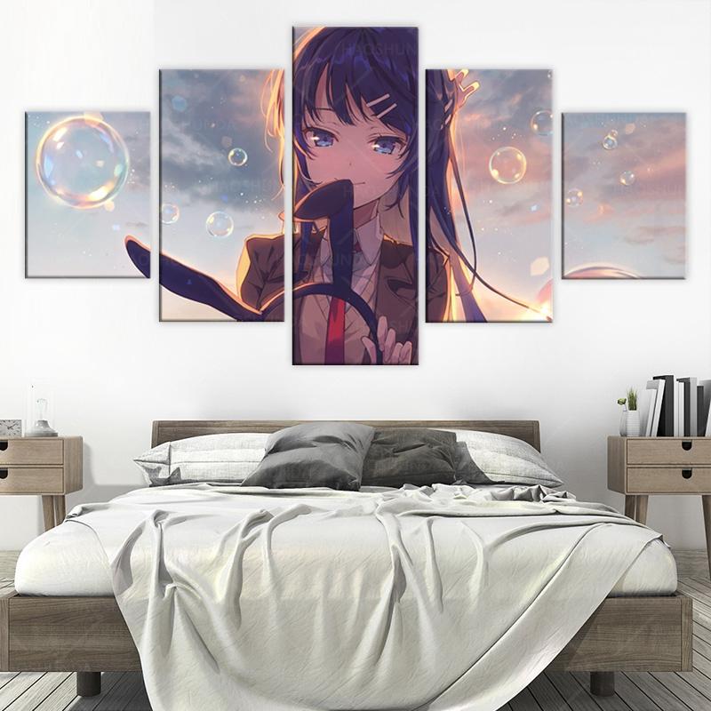 5 piese HD Anime Girl Picture Rascal Does Not Dream of Bunny Girl Senpai Sakurajima Mai Comic Poză de perete Decor dormitor fete